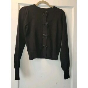 Express Black Knit Cardigan Sweater Beaded Bow Accents Crew Neck Long Sleeve S